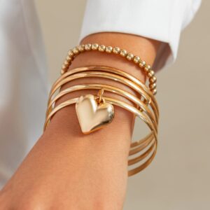 Newly 5pcs Heart Pendant Ball Chain Bangle Bracelet Set - ArtGalleryZen