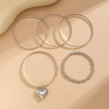 Newly 5pcs Heart Pendant Ball Chain Bangle Bracelet Set - ArtGalleryZen