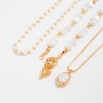 Newly Layered Gold Tone Heart Pendant Pearl Chain Necklace Set - ArtGalleryZen