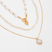 Newly Layered Gold Tone Heart Pendant Pearl Chain Necklace Set - ArtGalleryZen
