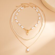 Newly Layered Gold Tone Heart Pendant Pearl Chain Necklace Set - ArtGalleryZen