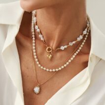 Newly Layered Gold Tone Heart Pendant Pearl Chain Necklace Set - ArtGalleryZen