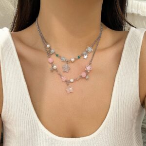 Newly Two Tone Layered Star Pendant Pearl Necklace - ArtGalleryZen