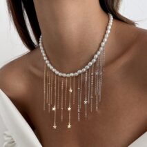 Newly Two Tone Star Ball Chain Tassel Pearl Necklace - ArtGalleryZen