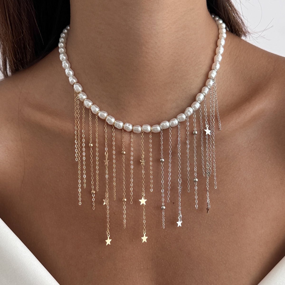Newly Two Tone Star Ball Chain Tassel Pearl Necklace - ArtGalleryZen