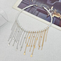Newly Two Tone Star Ball Chain Tassel Pearl Necklace - ArtGalleryZen