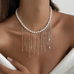Newly Two Tone Star Ball Chain Tassel Pearl Necklace - ArtGalleryZen