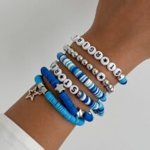 Ocean Blue Polymer Clay Beaded Bracelet Set Star Letter Charm - ArtGalleryZen