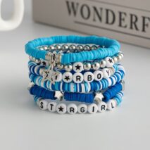 Ocean Blue Polymer Clay Beaded Bracelet Set Star Letter Charm - ArtGalleryZen