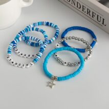Ocean Blue Polymer Clay Beaded Bracelet Set Star Letter Charm - ArtGalleryZen