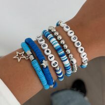 Ocean Blue Polymer Clay Beaded Bracelet Set Star Letter Charm - ArtGalleryZen