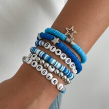 Ocean Blue Polymer Clay Beaded Bracelet Set Star Letter Charm - ArtGalleryZen