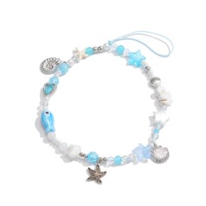 Ocean Style Ceramic Fish Shell Charm Pearl Beaded Keychain Phone Strap - ArtGalleryZen