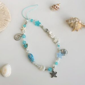 Ocean Style Ceramic Fish Shell Charm Pearl Beaded Keychain Phone Strap - ArtGalleryZen