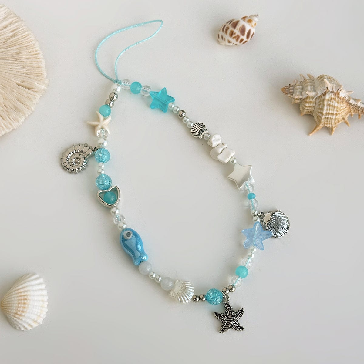 Ocean Style Ceramic Fish Shell Charm Pearl Beaded Keychain Phone Strap - ArtGalleryZen