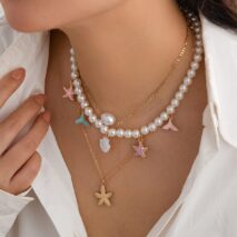 Ocean Style Layered Enamel Starfish Mermaid Pendant Pearl Chain Necklace Set - ArtGalleryZen