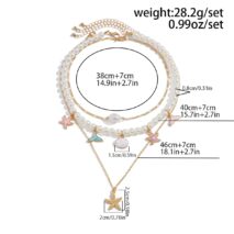 Ocean Style Layered Enamel Starfish Mermaid Pendant Pearl Chain Necklace Set - ArtGalleryZen