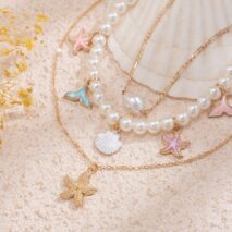 Ocean Style Layered Enamel Starfish Mermaid Pendant Pearl Chain Necklace Set - ArtGalleryZen