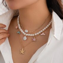 Ocean Style Layered Enamel Starfish Mermaid Pendant Pearl Chain Necklace Set - ArtGalleryZen