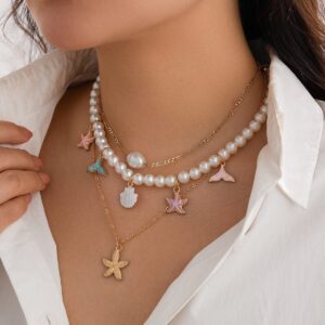 Ocean Style Layered Enamel Starfish Mermaid Pendant Pearl Chain Necklace Set - ArtGalleryZen