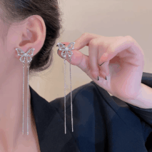 Pearl Inlaid Zircon Butterfly Tassel Earrings - ArtGalleryZen