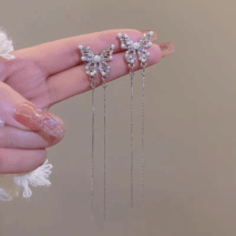 Pearl Inlaid Zircon Butterfly Tassel Earrings - ArtGalleryZen