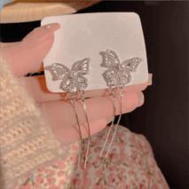 Pearl Inlaid Zircon Butterfly Tassel Earrings - ArtGalleryZen