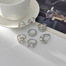Pearl Ring Set 7pcs - Geometric Irregular Hollow Curved Statement - ArtGalleryZen