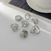 Pearl Ring Set 7pcs - Geometric Irregular Hollow Curved Statement - ArtGalleryZen