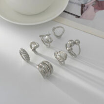 Pearl Ring Set 7pcs - Geometric Irregular Hollow Curved Statement - ArtGalleryZen