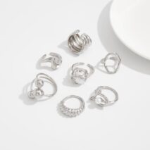 Pearl Ring Set 7pcs - Geometric Irregular Hollow Curved Statement - ArtGalleryZen