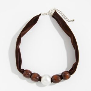Pearl Wooden Bead Velvet Choker Necklace Layered Boho Charm - ArtGalleryZen