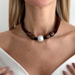 Pearl Wooden Bead Velvet Choker Necklace Layered Boho Charm - ArtGalleryZen