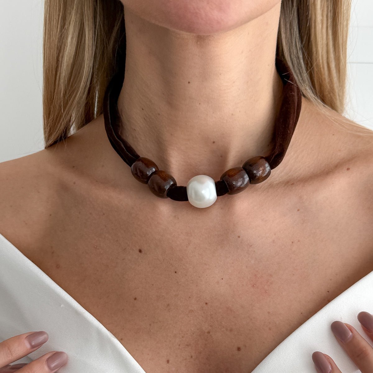 Pearl Wooden Bead Velvet Choker Necklace Layered Boho Charm - ArtGalleryZen