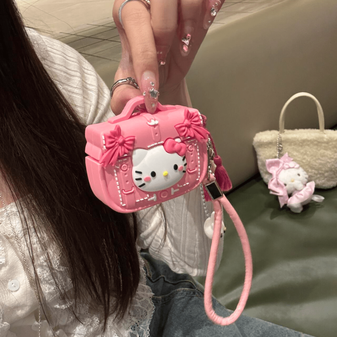 Pink Briefcase Hello Kitty AirPods Earphone Case With Lanyard - ArtGalleryZen