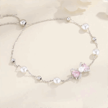 Pink Crystal Bowknot Pearl Chain Bracelet - ArtGalleryZen