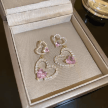 Pink Crystal Dangle Heart Earrings - ArtGalleryZen