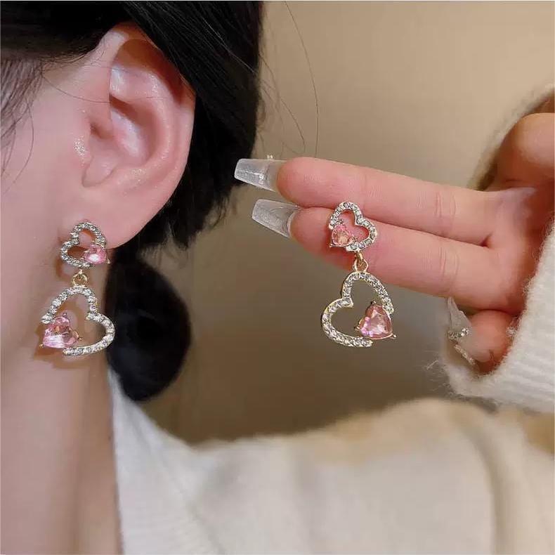 Pink Crystal Dangle Heart Earrings - ArtGalleryZen