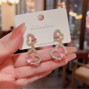 Pink Crystal Dangle Heart Earrings - ArtGalleryZen