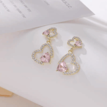 Pink Crystal Dangle Heart Earrings - ArtGalleryZen