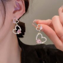 Pink Crystal Dangle Heart Earrings - ArtGalleryZen