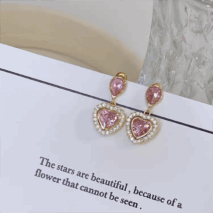 Pink Crystal Dangling Heart Earrings - ArtGalleryZen