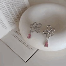Pink Crystal Floral Dangle Ear Cuff Earrings - ArtGalleryZen