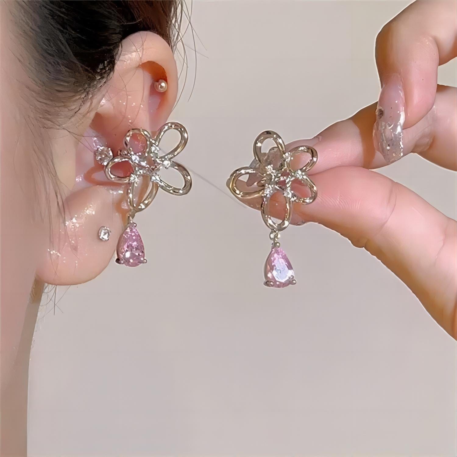 Pink Crystal Floral Dangle Ear Cuff Earrings - ArtGalleryZen