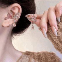 Pink Crystal Floral Dangle Ear Cuff Earrings - ArtGalleryZen