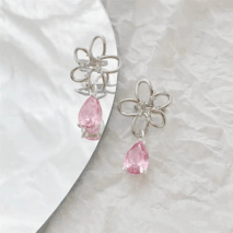 Pink Crystal Floral Dangle Ear Cuff Earrings - ArtGalleryZen