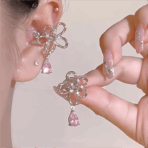 Pink Crystal Floral Dangle Ear Cuff Earrings - ArtGalleryZen