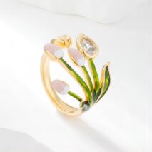 Pink Crystal Inlaid Enamel Tulip Ring - ArtGalleryZen