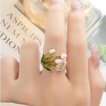 Pink Crystal Inlaid Enamel Tulip Ring - ArtGalleryZen