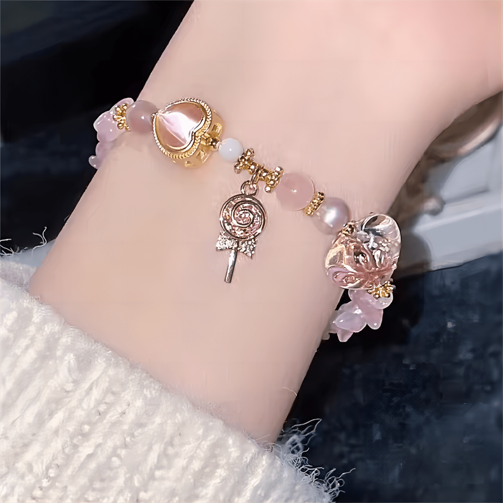 Pink Crystal Lollipop Opal Heart Bracelet - ArtGalleryZen